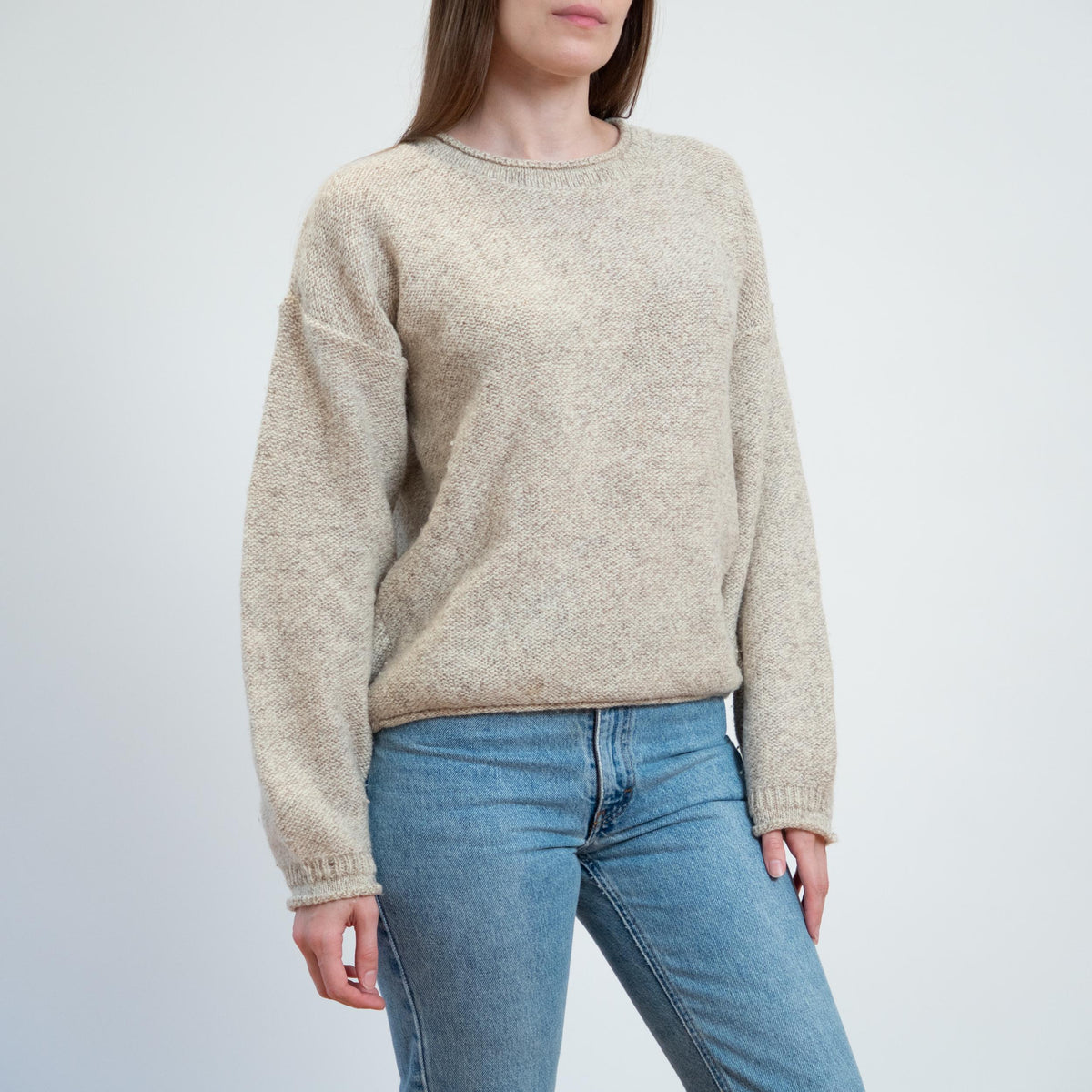Vintage 90s Y2K Woolrich Oatmeal Roll Neck Sweater - Small | Wool Knit Drop Shoulder Pullover