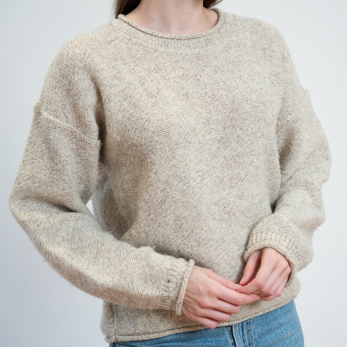 Vintage 90s Y2K Woolrich Oatmeal Roll Neck Sweater - Small | Wool Knit Drop Shoulder Pullover