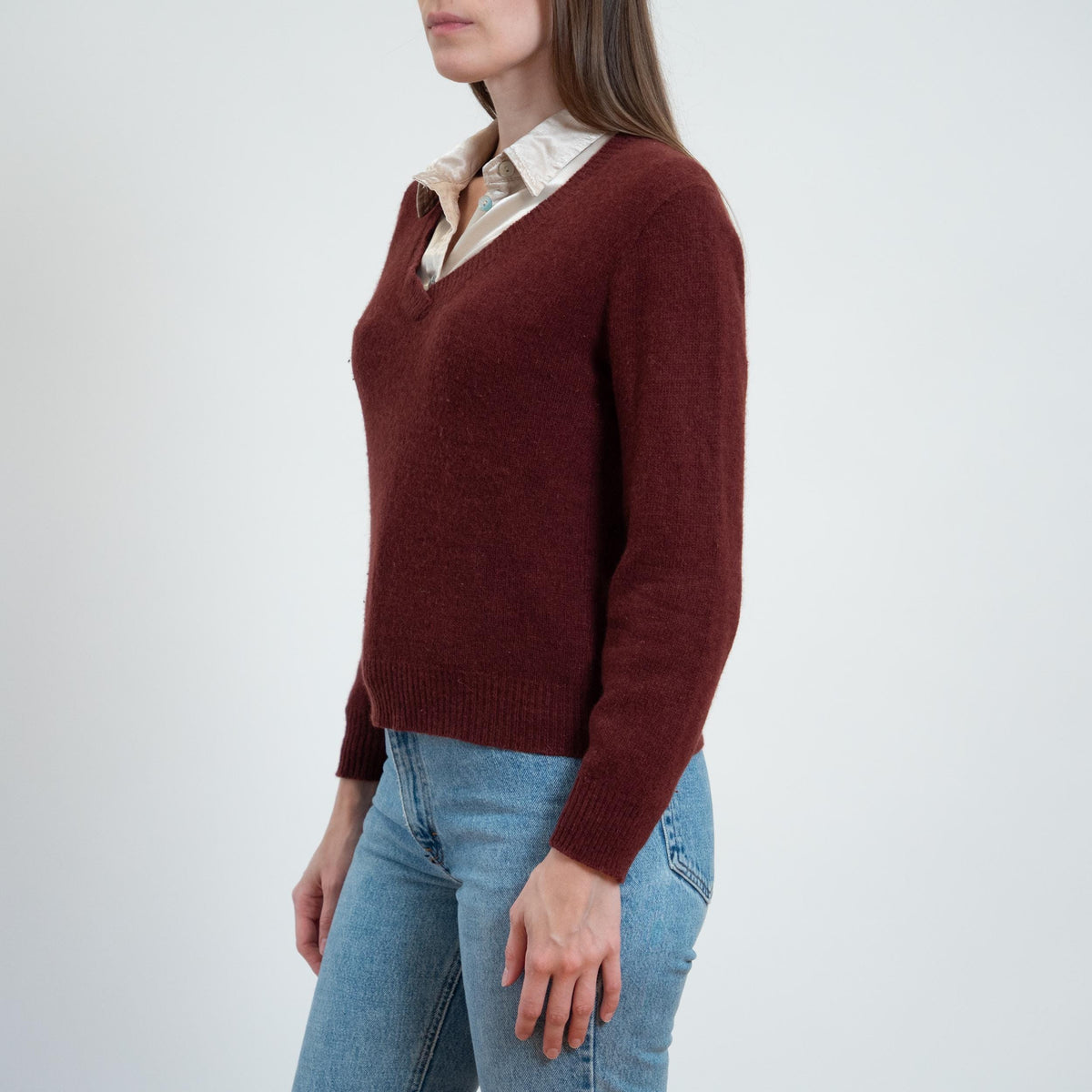 Vintage 70s Etienne Aigner Wine Red Logo Sweater - Small | V Neck Pullover Sweatshirt Top