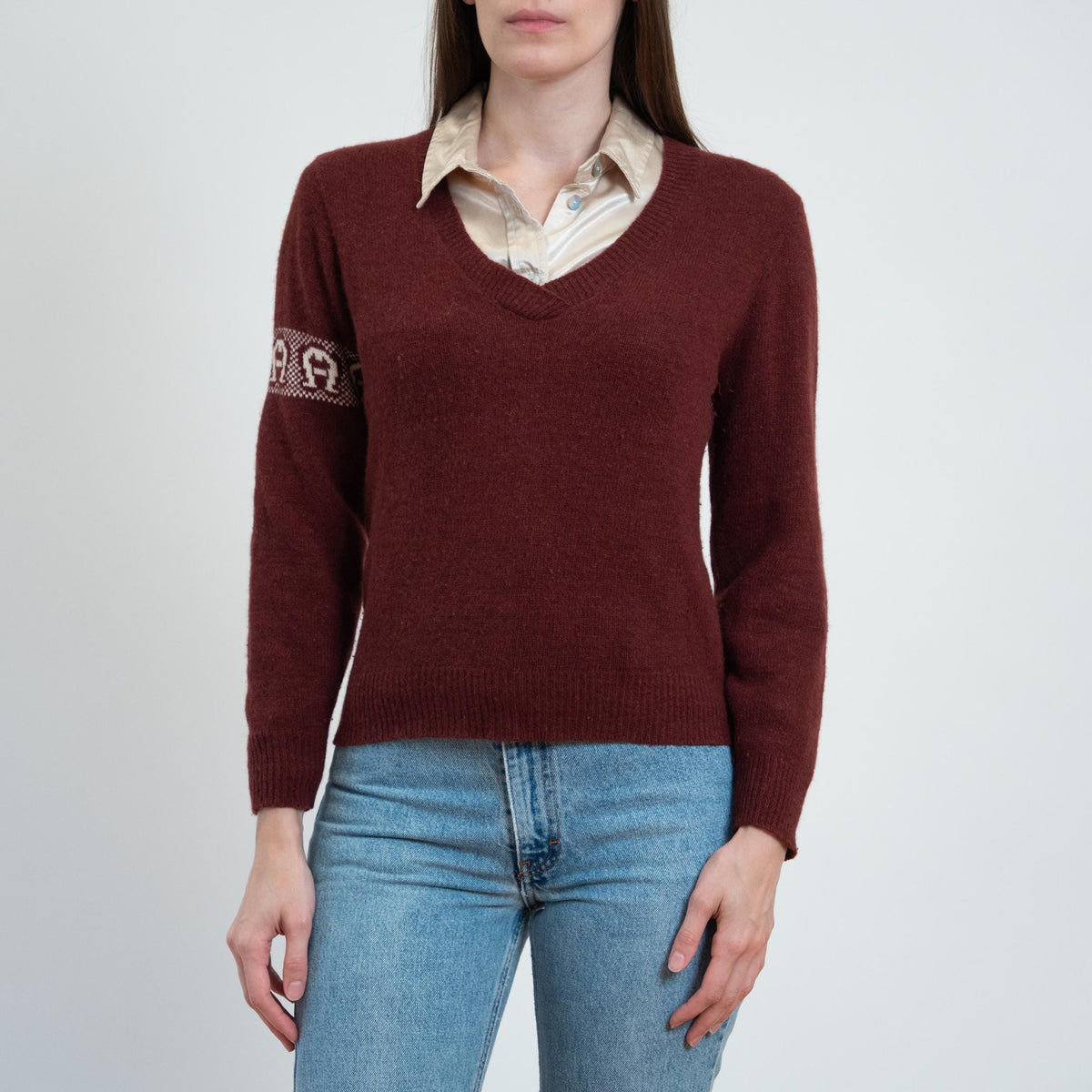 Vintage 70s Etienne Aigner Wine Red Logo Sweater - Small | V Neck Pullover Sweatshirt Top