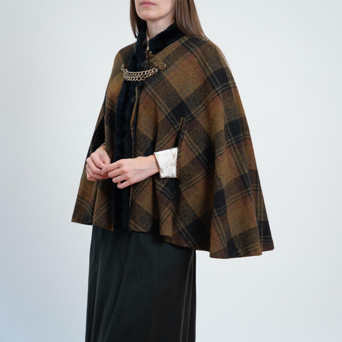 Vintage 60s Plaid Wool Plush Trim Cape - Small to Medium | Queen Of The Capes Tartan Poncho