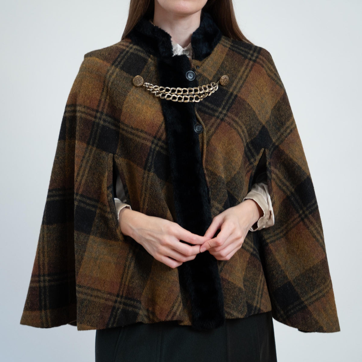 Vintage 60s Plaid Wool Plush Trim Cape - Small to Medium | Queen Of The Capes Tartan Poncho