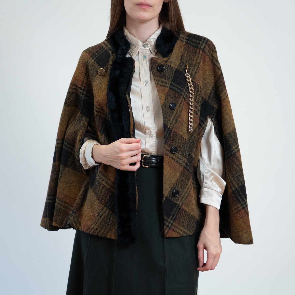 Vintage 60s Plaid Wool Plush Trim Cape - Small to Medium | Queen Of The Capes Tartan Poncho