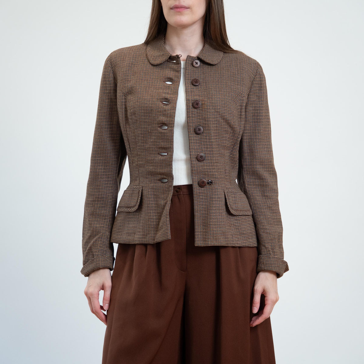 Vintage 40s Brown Tweed Fitted Blazer - Small | 1940s Button Up Wool Jacket