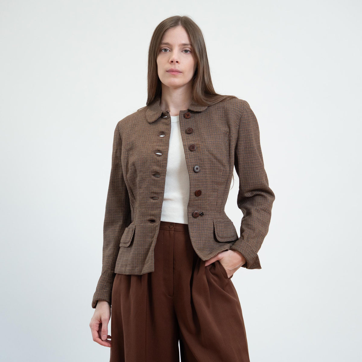 Vintage 40s Brown Tweed Fitted Blazer - Small | 1940s Button Up Wool Jacket