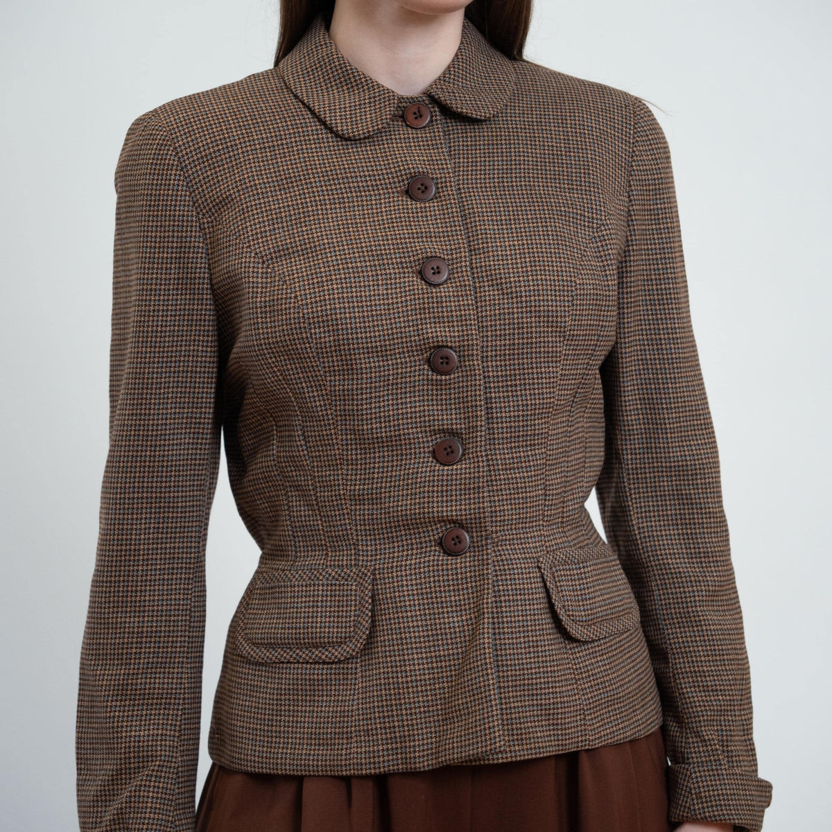 Vintage 40s Brown Tweed Fitted Blazer - Small | 1940s Button Up Wool Jacket