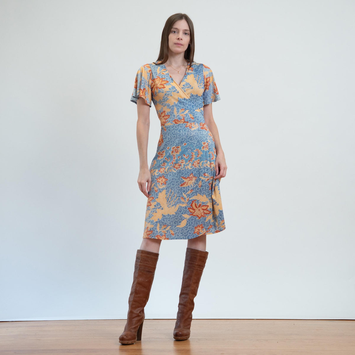 Vintage 70s Blue Fall Floral Wrap Dress - Small to Medium | Boho Flutter Sleeve Midi Sundress