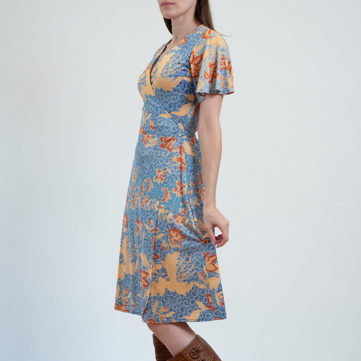 Vintage 70s Blue Fall Floral Wrap Dress - Small to Medium | Boho Flutter Sleeve Midi Sundress