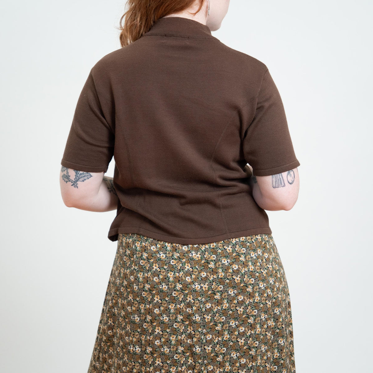 Vintage 90s Soft Brown Knit Mockneck Top - Large | Minimalist Princess Seam Sweater Shirt