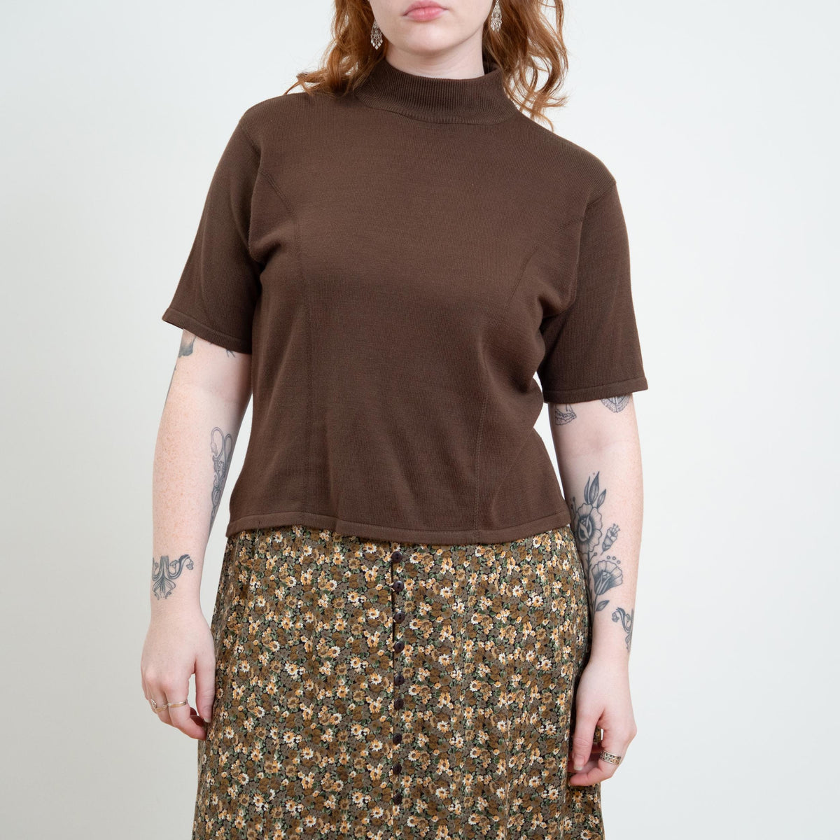 Vintage 90s Soft Brown Knit Mockneck Top - Large | Minimalist Princess Seam Sweater Shirt