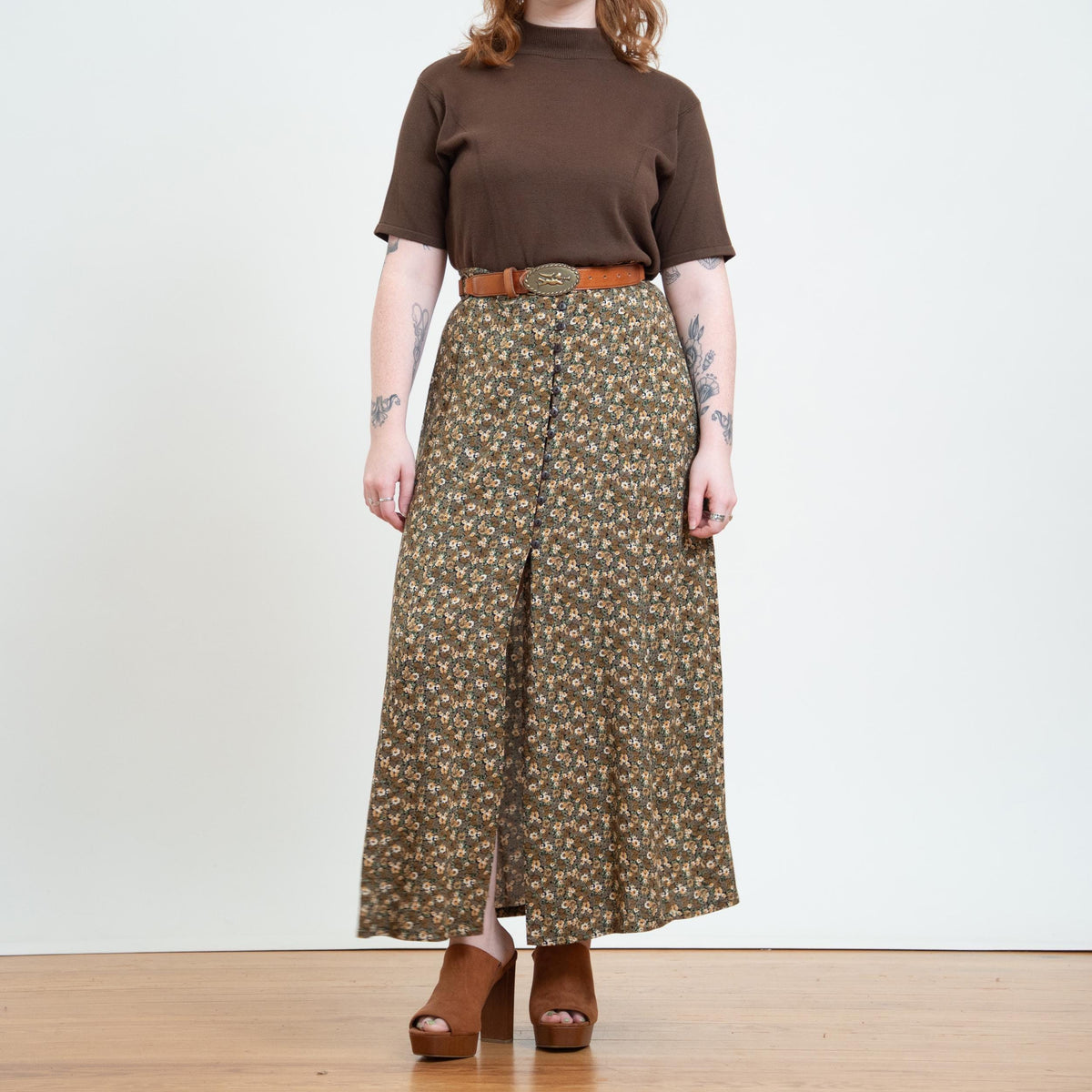 Vintage 90s Express Fall Floral Button Front Maxi Skirt - Large | Boho High Waisted Long Skirt
