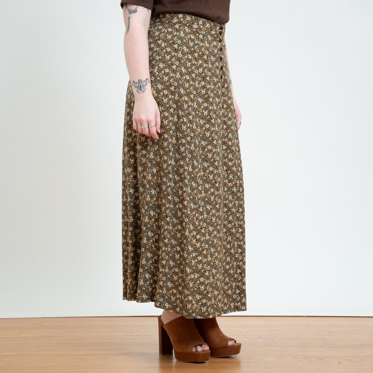 Vintage 90s Express Fall Floral Button Front Maxi Skirt - Large | Boho High Waisted Long Skirt