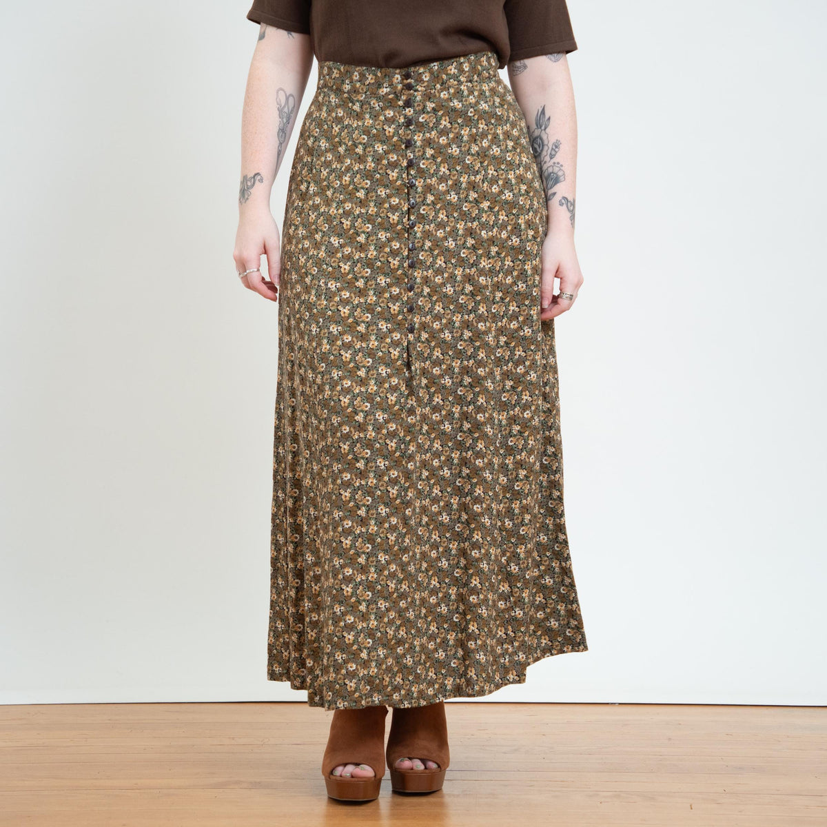 Vintage 90s Express Fall Floral Button Front Maxi Skirt - Large | Boho High Waisted Long Skirt