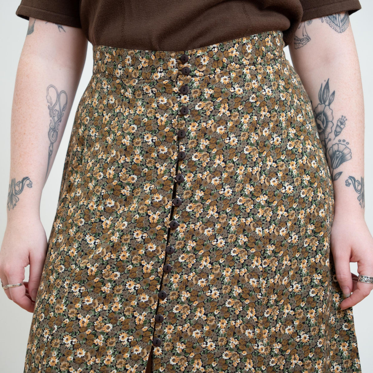 Vintage 90s Express Fall Floral Button Front Maxi Skirt - Large | Boho High Waisted Long Skirt