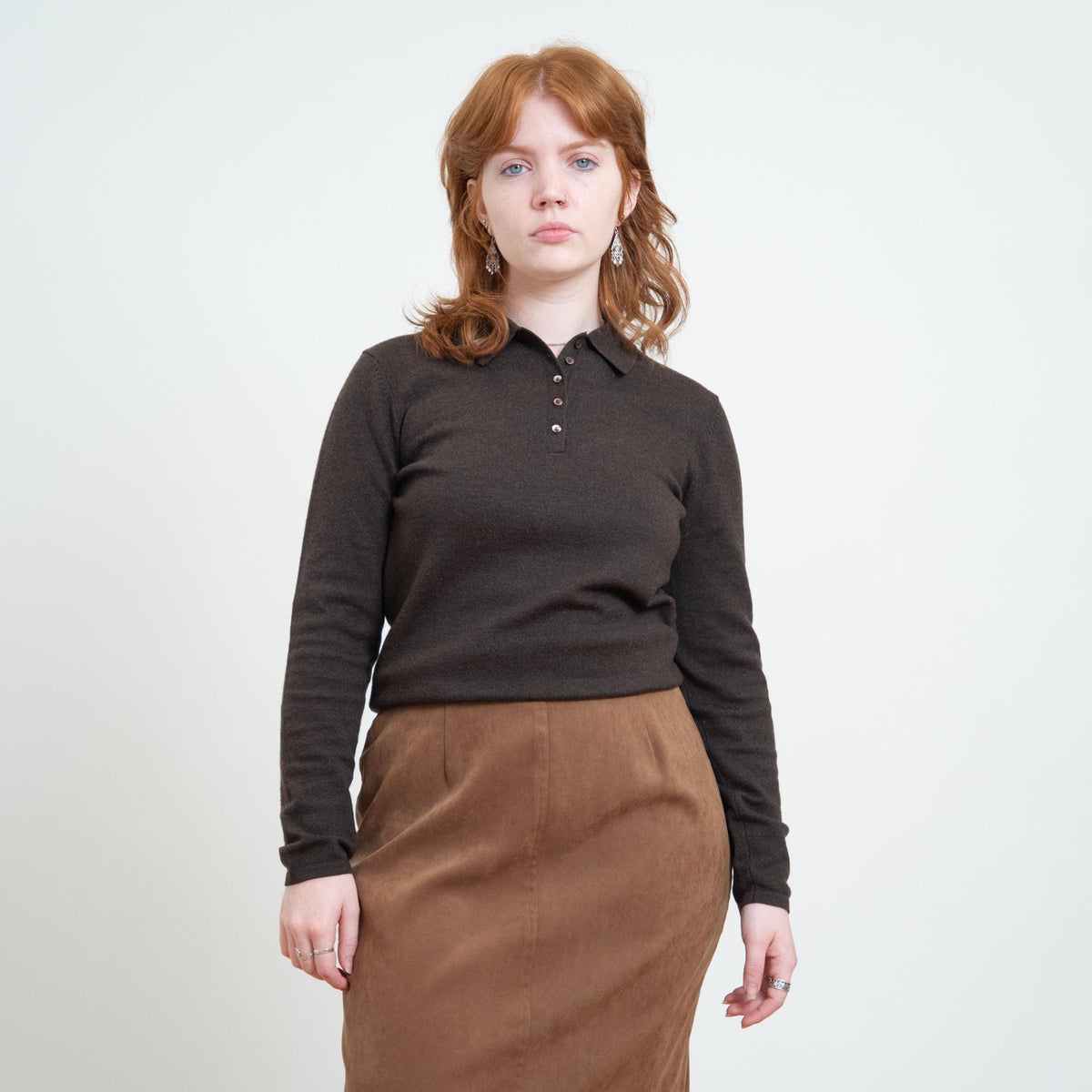 Vintage 90s Brooks Brothers Espresso Brown Merino Wool Polo Sweater - Medium | Minimalist Collared Top
