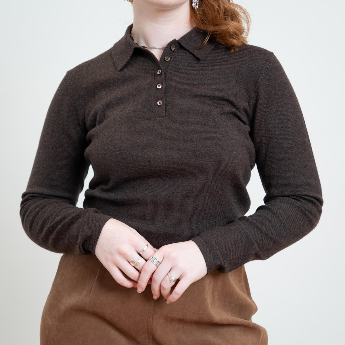 Vintage 90s Brooks Brothers Espresso Brown Merino Wool Polo Sweater - Medium | Minimalist Collared Top