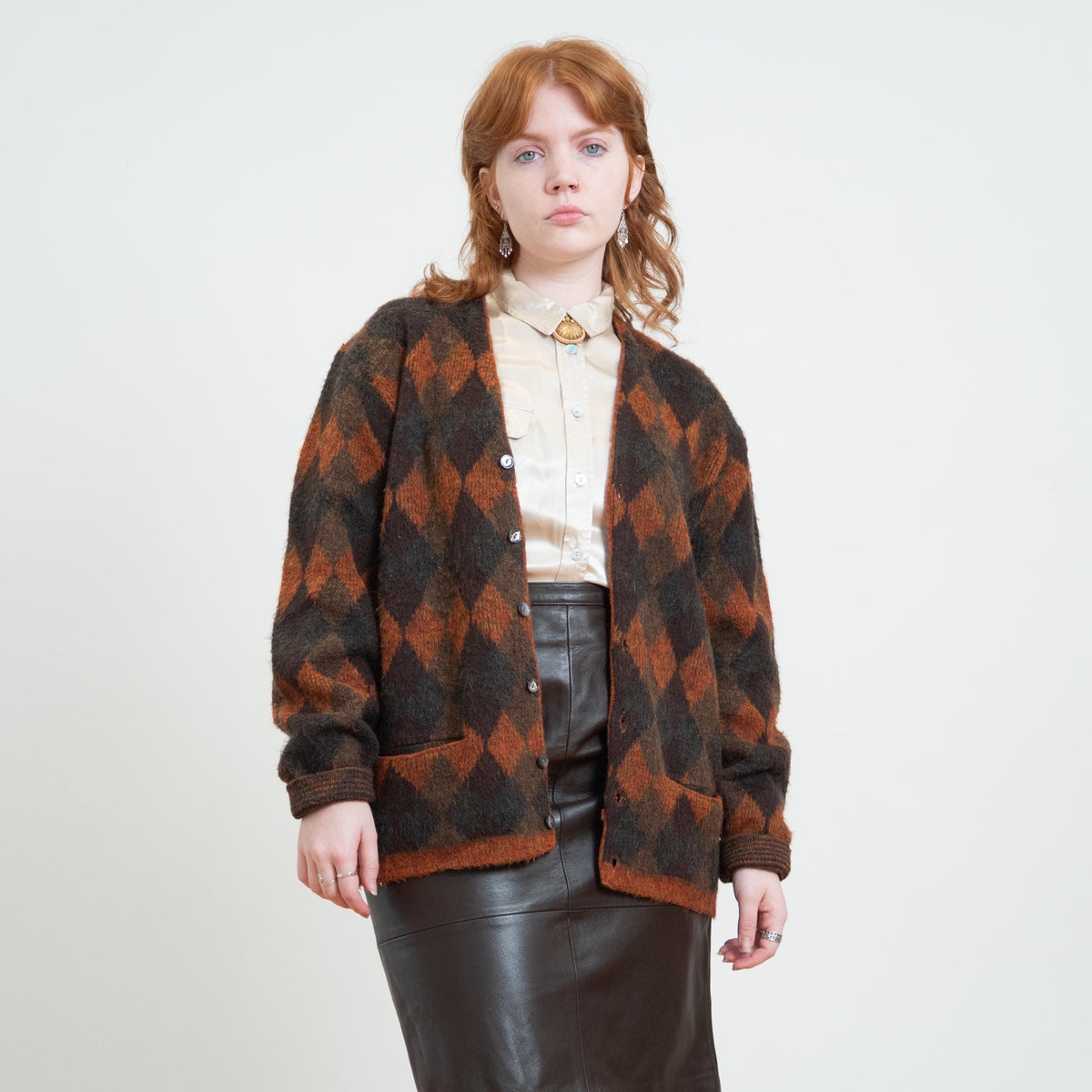 Vintage 60s McGregor Midnite Sun Autumn Argyle Cardigan - Unisex Large | Brown Shaggy Knit Button Up Sweater