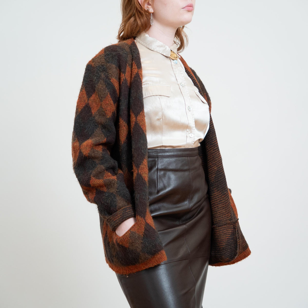 Vintage 60s McGregor Midnite Sun Autumn Argyle Cardigan - Unisex Large | Brown Shaggy Knit Button Up Sweater