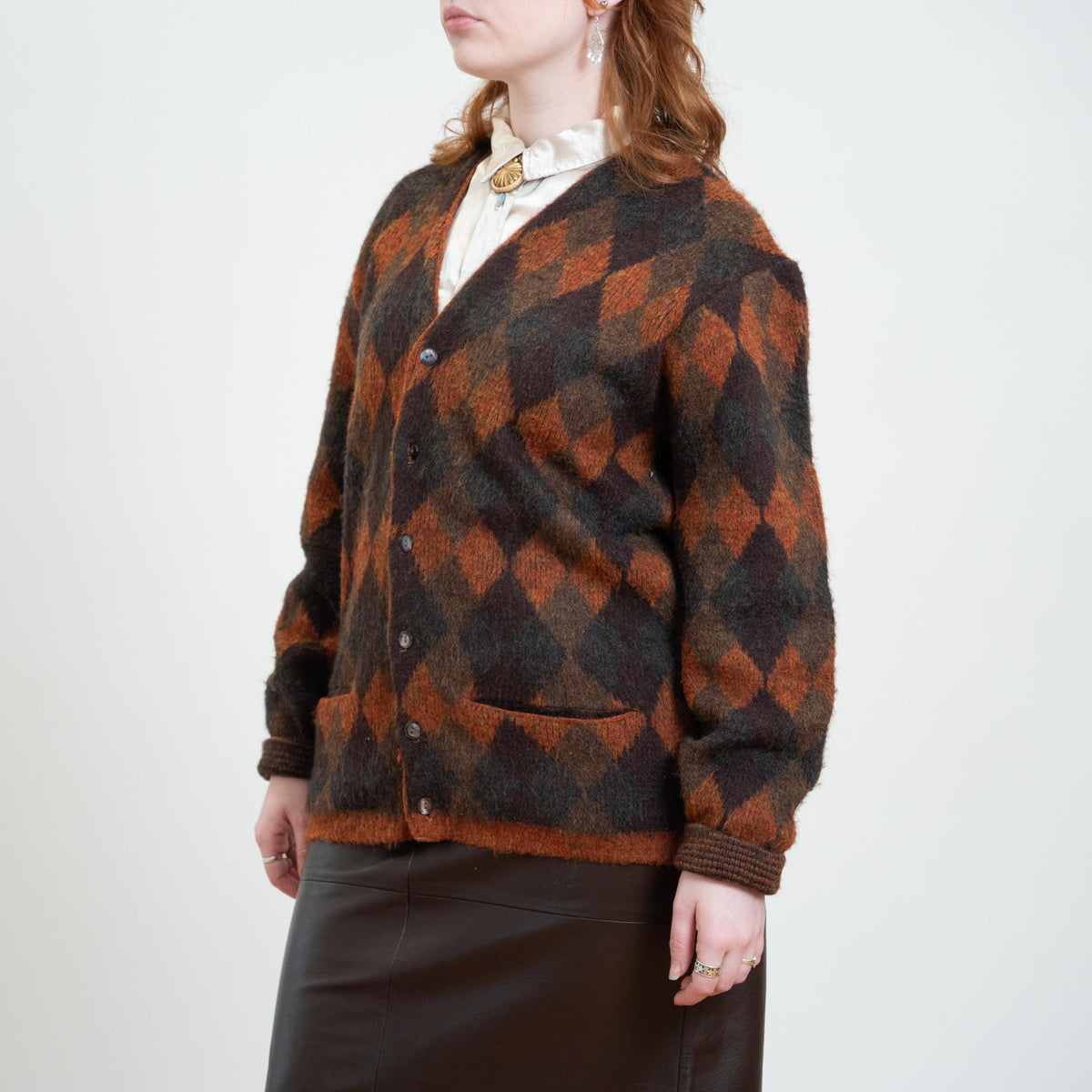 Vintage 60s McGregor Midnite Sun Autumn Argyle Cardigan - Unisex Large | Brown Shaggy Knit Button Up Sweater