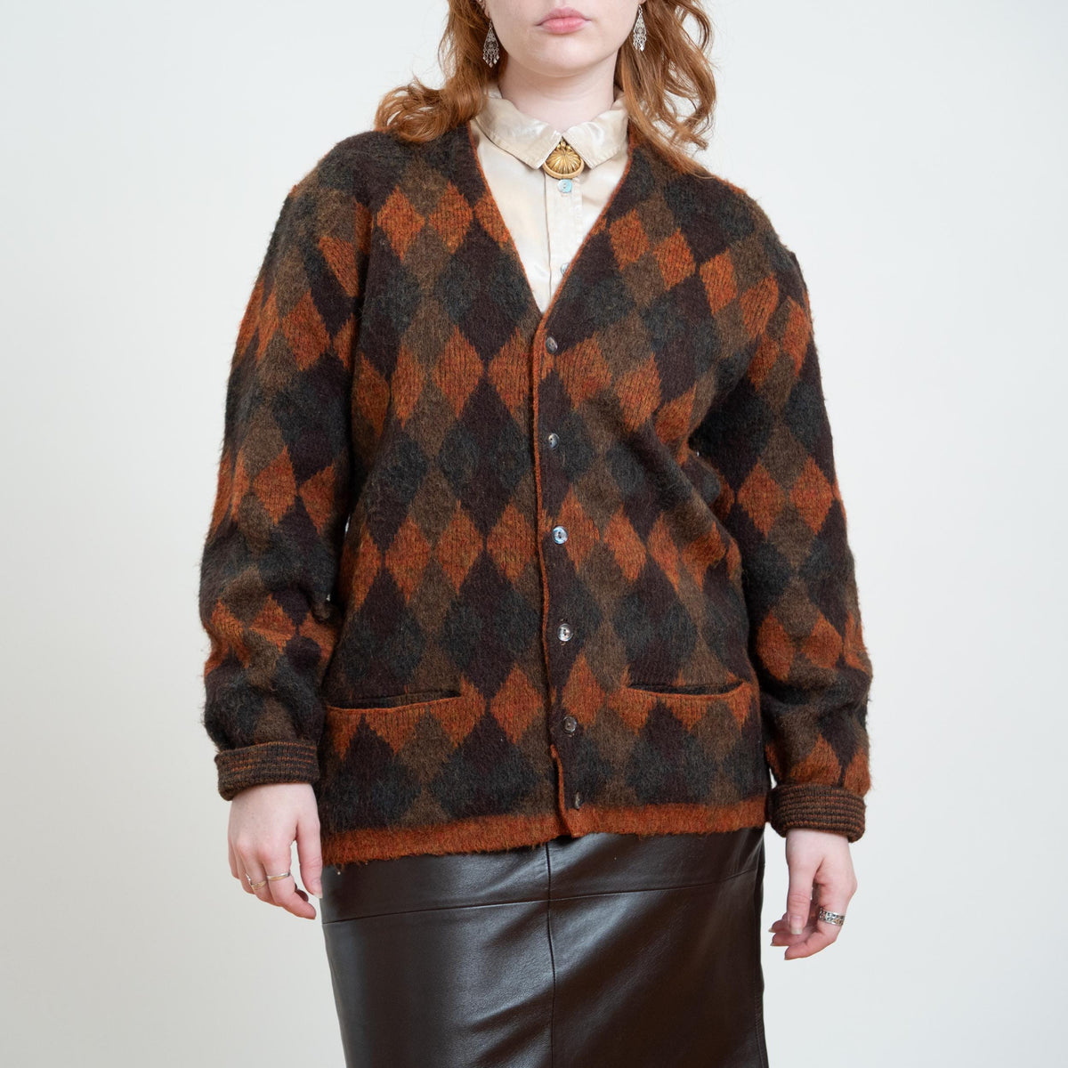 Vintage 60s McGregor Midnite Sun Autumn Argyle Cardigan - Unisex Large | Brown Shaggy Knit Button Up Sweater