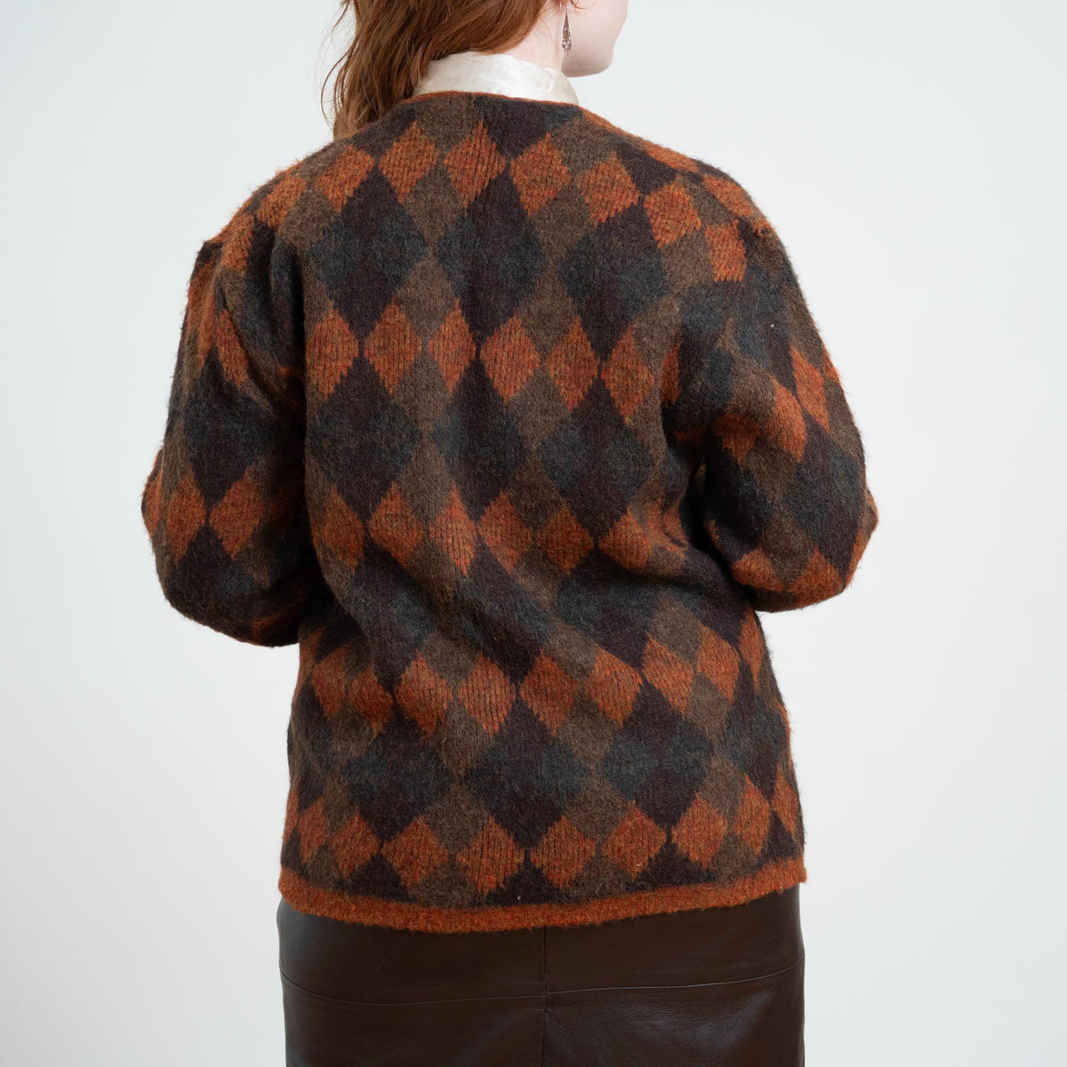 Vintage 60s McGregor Midnite Sun Autumn Argyle Cardigan - Unisex Large | Brown Shaggy Knit Button Up Sweater