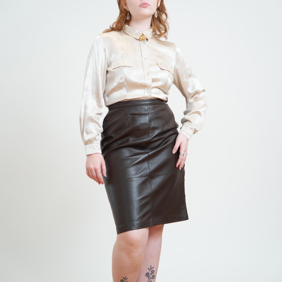 Vintage 90s Espresso Brown Leather Pencil Skirt - Medium, 29" Waist | High Waisted Knee Length Skirt