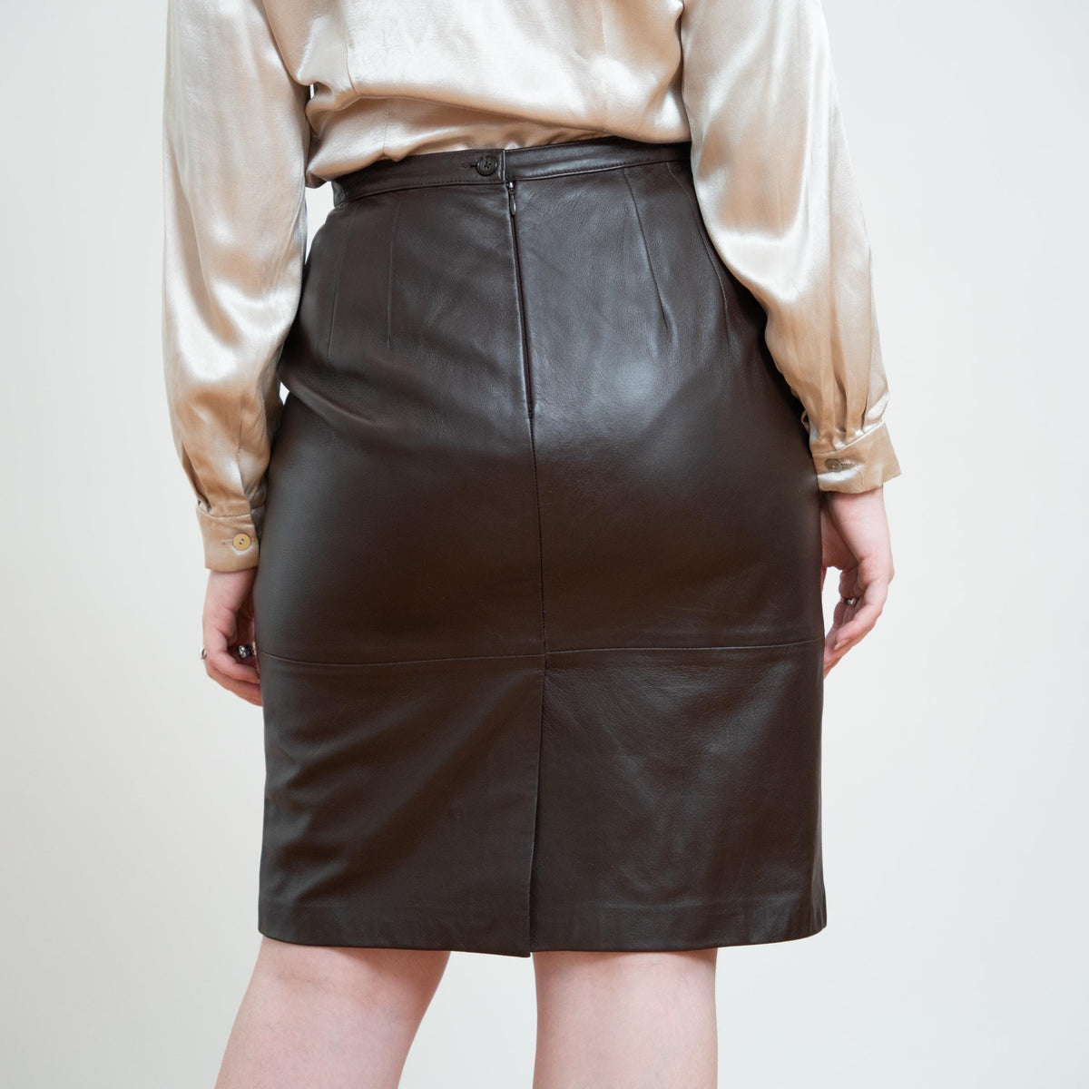 Vintage 90s Espresso Brown Leather Pencil Skirt - Medium, 29" Waist | High Waisted Knee Length Skirt