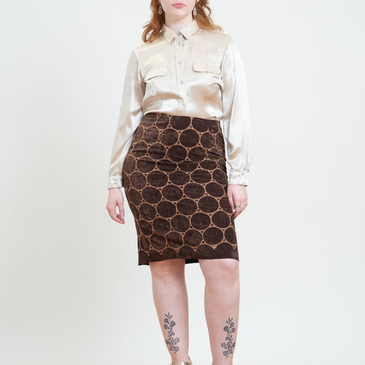 Vintage Y2K Does 60s Brown Velvet Patchwork Skirt - Medium, 29" Waist | Boho High Waisted Mini Pencil Skirt