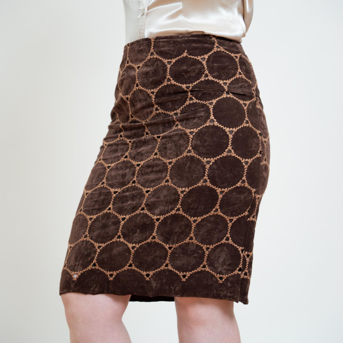 Vintage Y2K Does 60s Brown Velvet Patchwork Skirt - Medium, 29" Waist | Boho High Waisted Mini Pencil Skirt
