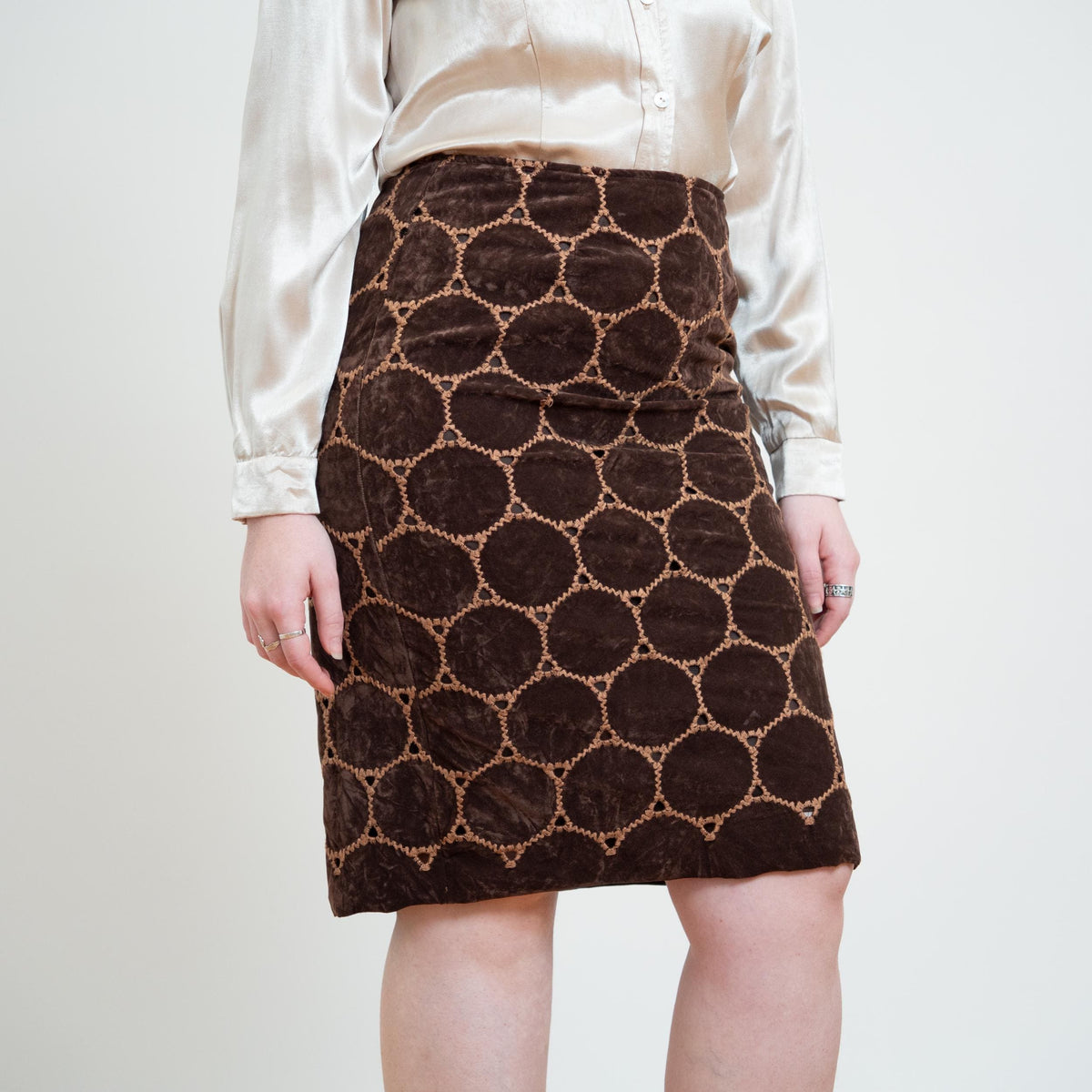 Vintage Y2K Does 60s Brown Velvet Patchwork Skirt - Medium, 29" Waist | Boho High Waisted Mini Pencil Skirt