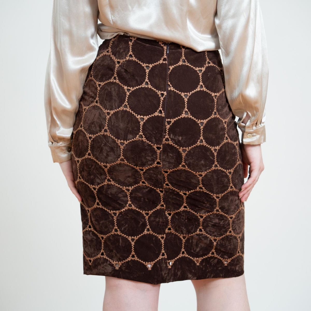 Vintage Y2K Does 60s Brown Velvet Patchwork Skirt - Medium, 29" Waist | Boho High Waisted Mini Pencil Skirt