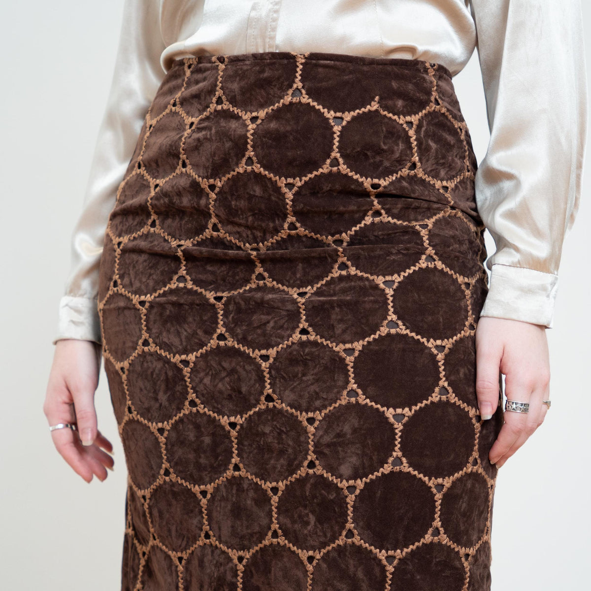 Vintage Y2K Does 60s Brown Velvet Patchwork Skirt - Medium, 29" Waist | Boho High Waisted Mini Pencil Skirt
