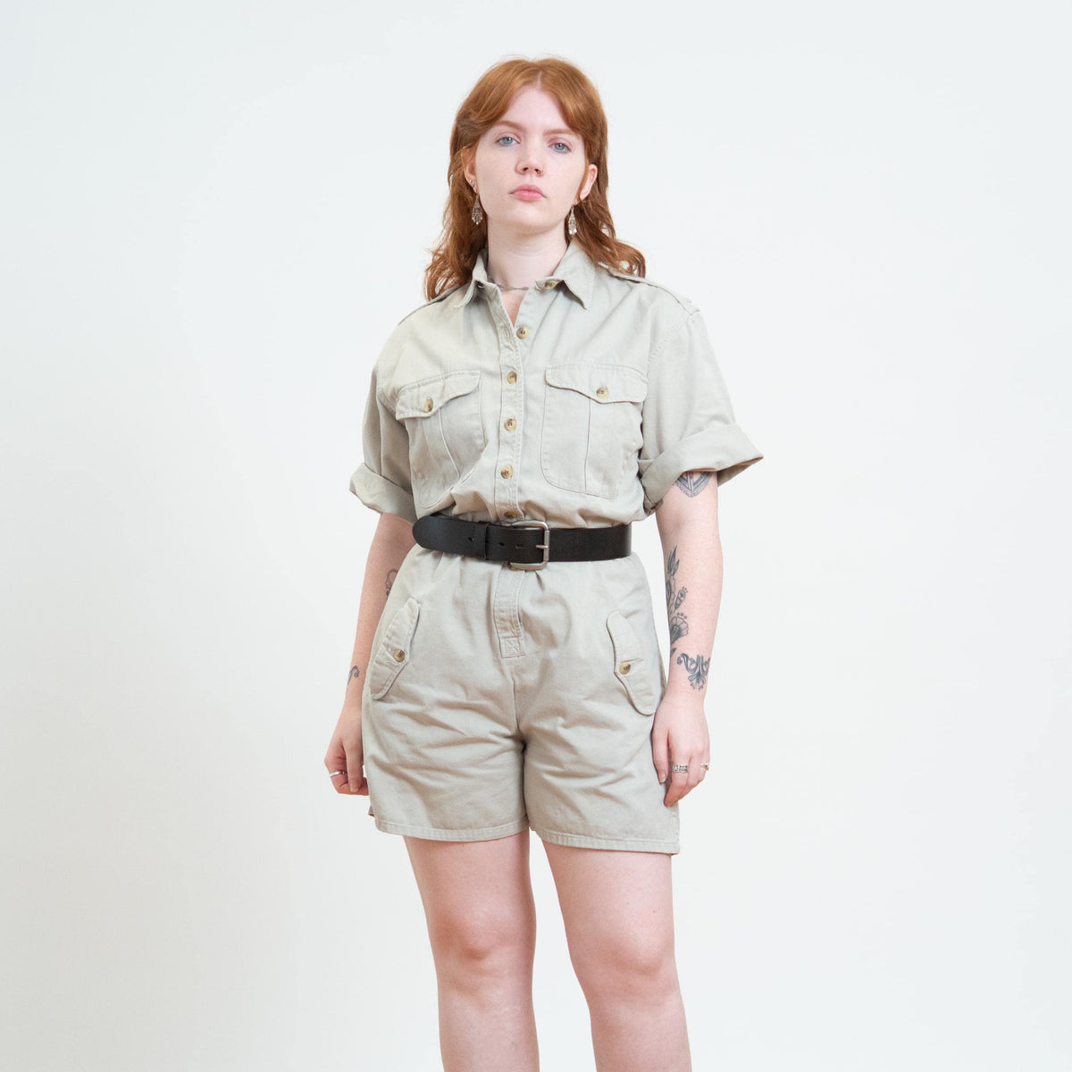 Vintage 80s Banana Republic Safari Bush Jumpsuit Romper - Large | Khaki Short Coveralls Outfit