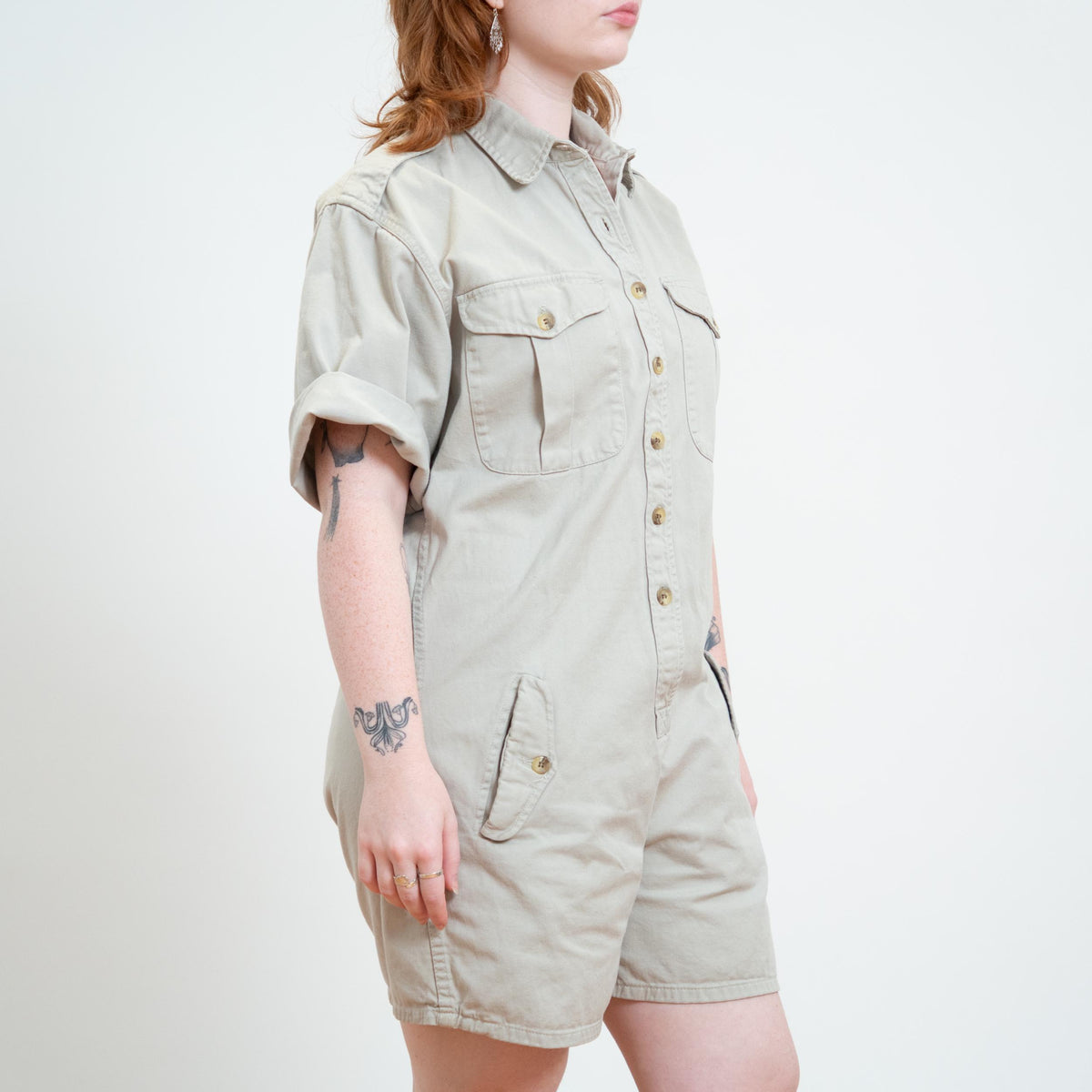 Vintage 80s Banana Republic Safari Bush Jumpsuit Romper - Large | Khaki Short Coveralls Outfit