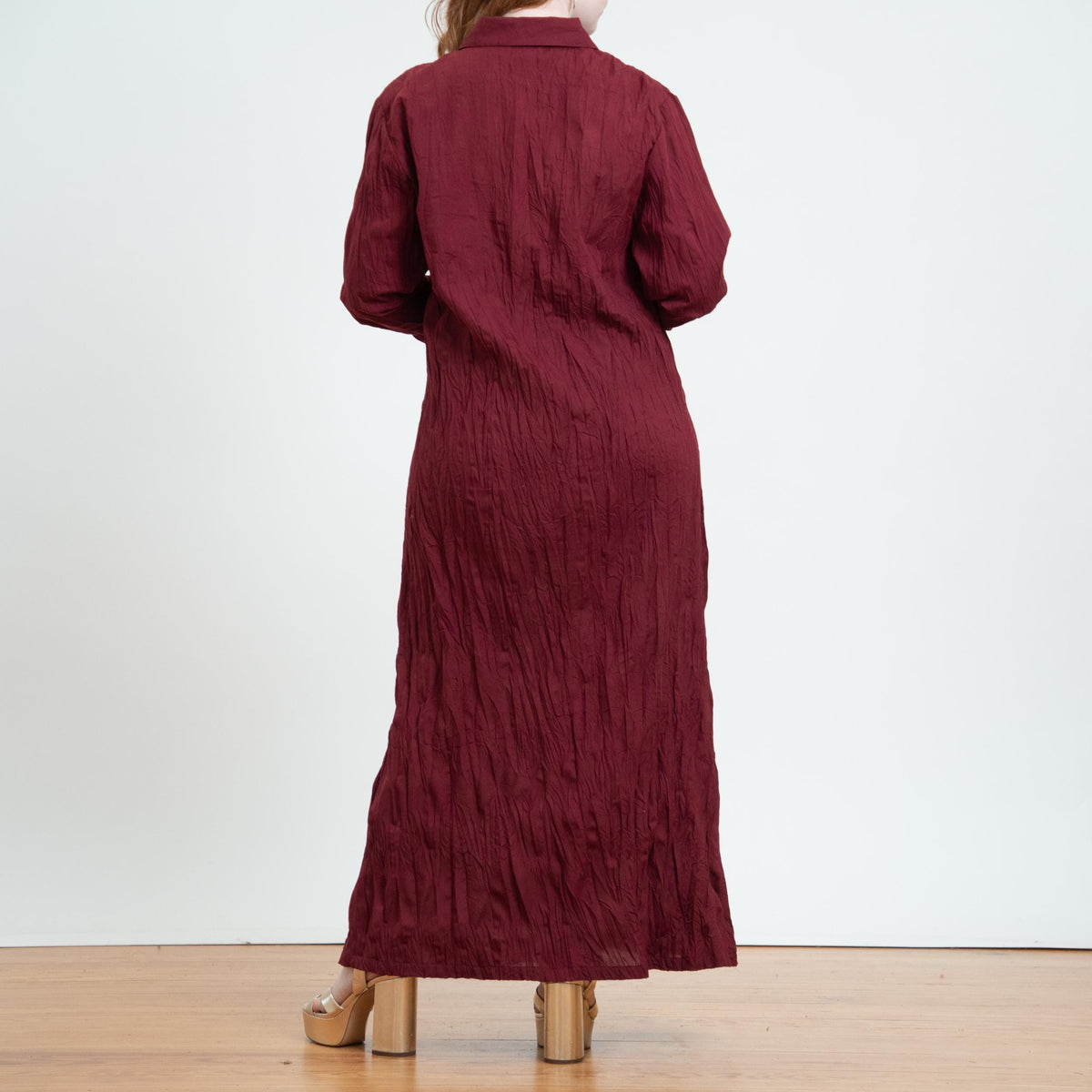 Vintage 90s Wine Red Crinkle Maxi Shirtdress - Medium | Long Sleeve Collared Button Front Dress