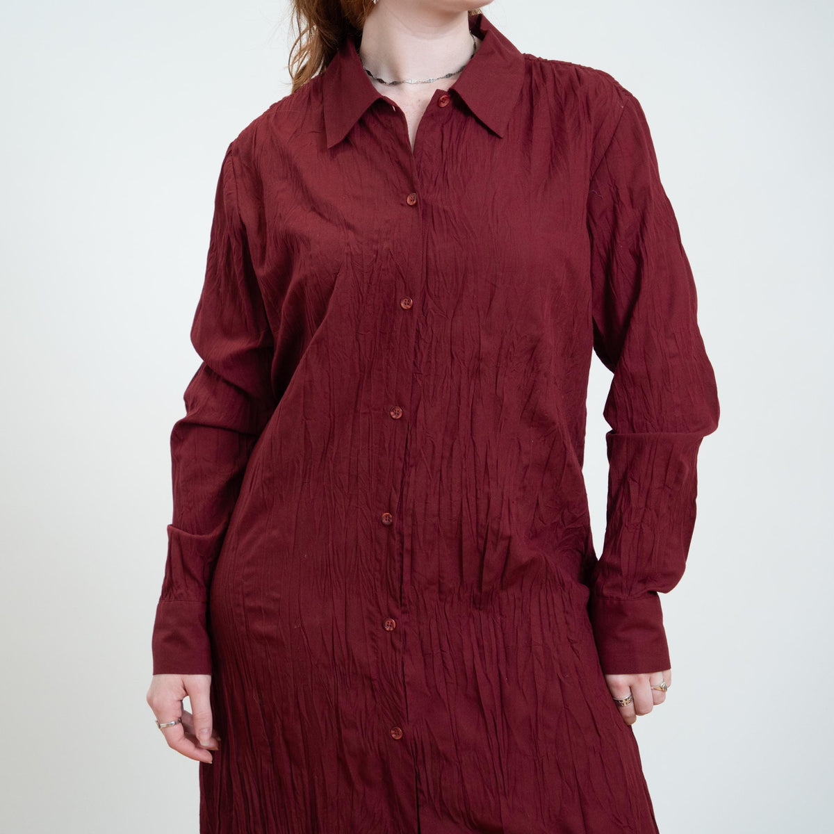 Vintage 90s Wine Red Crinkle Maxi Shirtdress - Medium | Long Sleeve Collared Button Front Dress