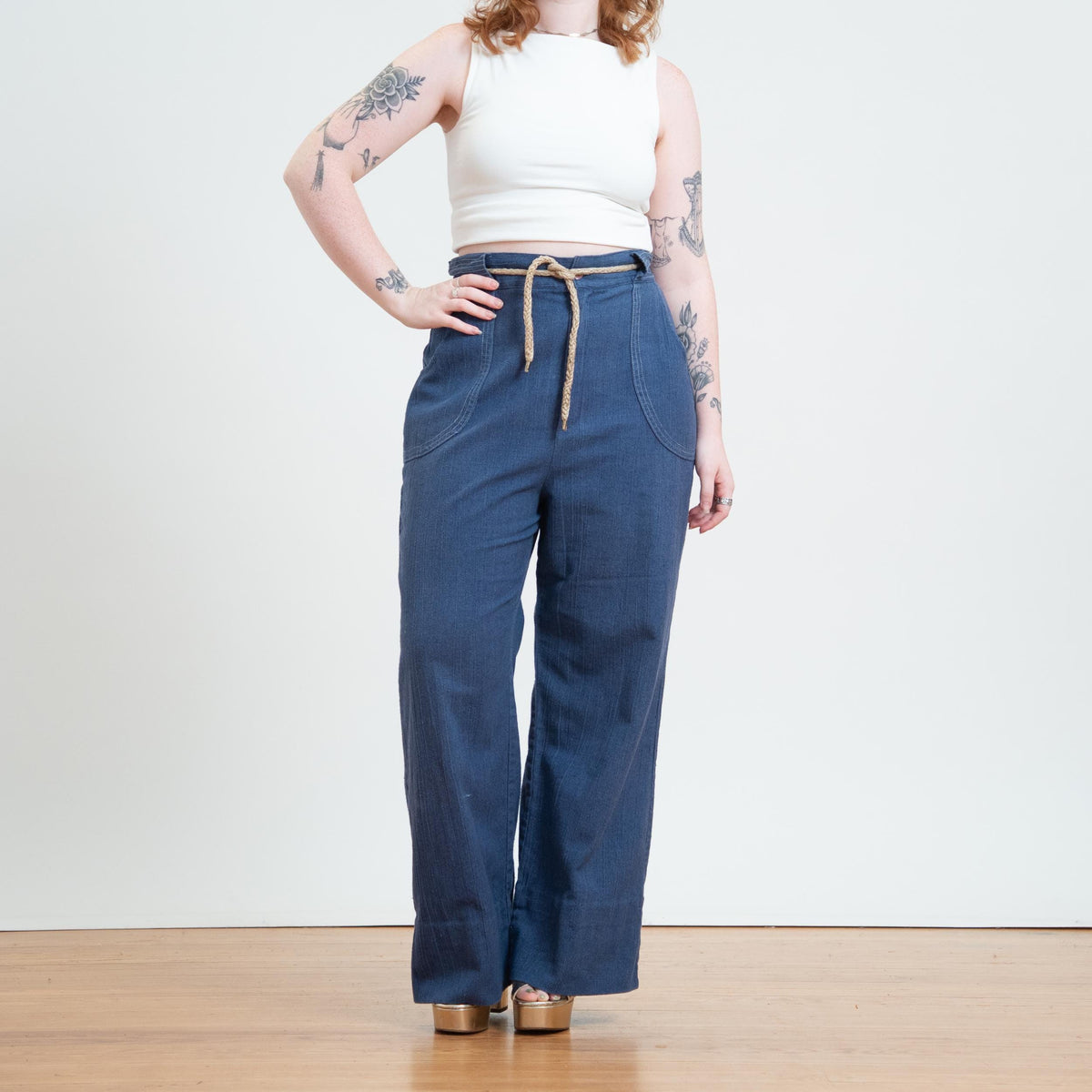 Vintage 70s Chambray Wide Leg Drawstring Pants - Medium to Large | High Waisted Blue Flared Pants
