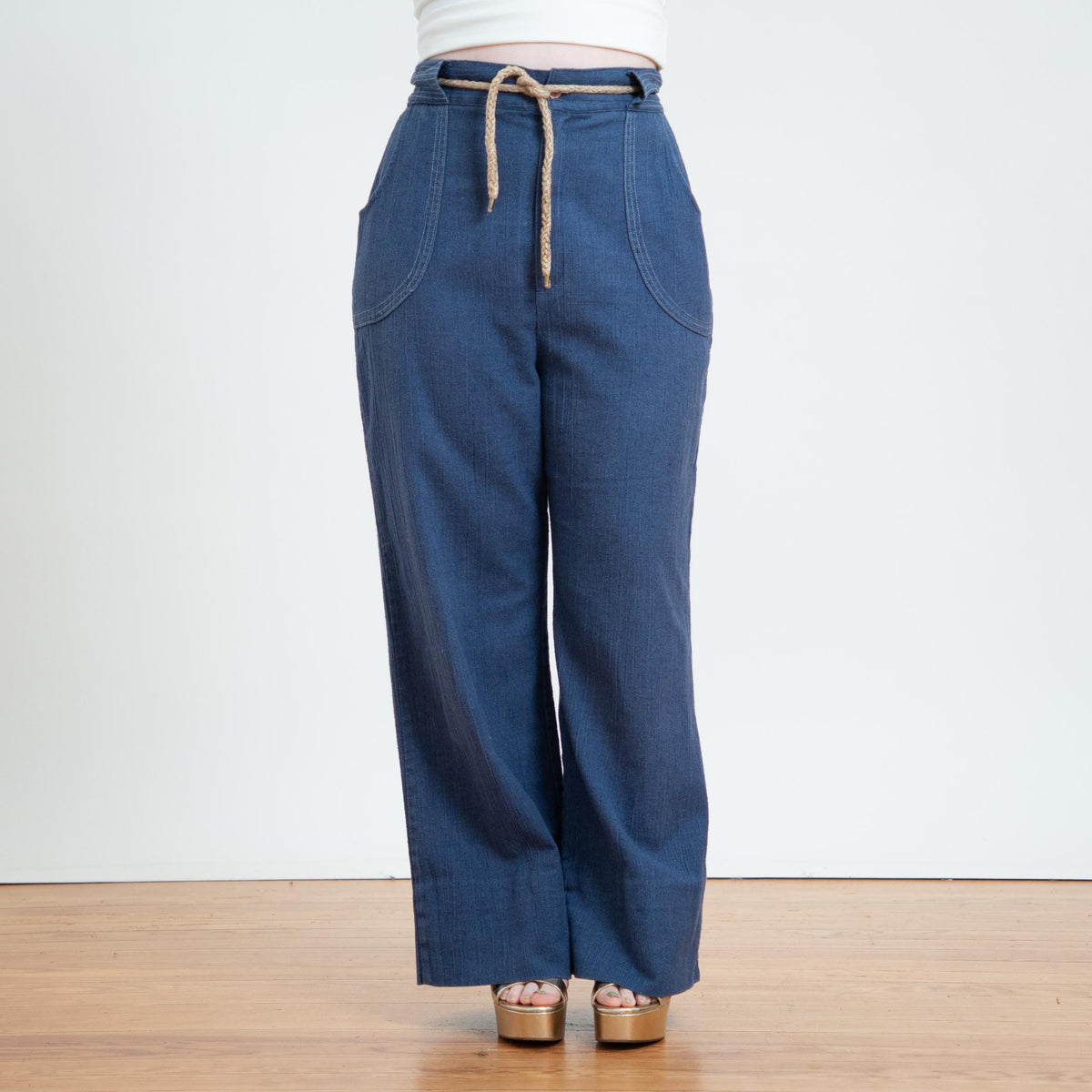 Vintage 70s Chambray Wide Leg Drawstring Pants - Medium to Large | High Waisted Blue Flared Pants