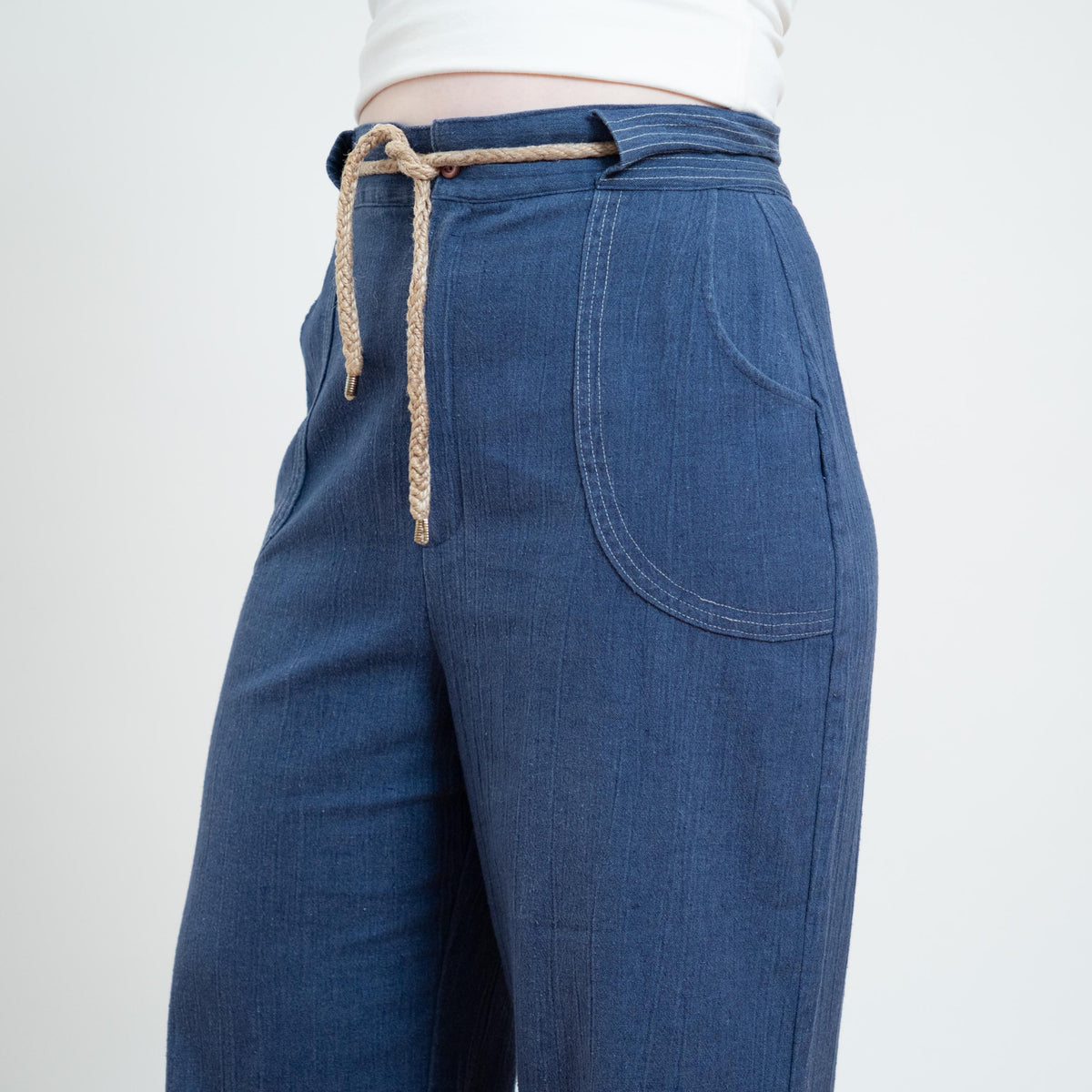 Vintage 70s Chambray Wide Leg Drawstring Pants - Medium to Large | High Waisted Blue Flared Pants