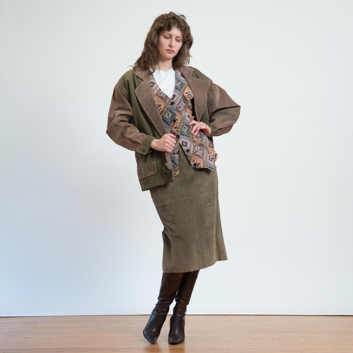 Vintage 80s New Wave Olive Suede Jacket & Skirt Set - Medium | Leather Matching Outfit