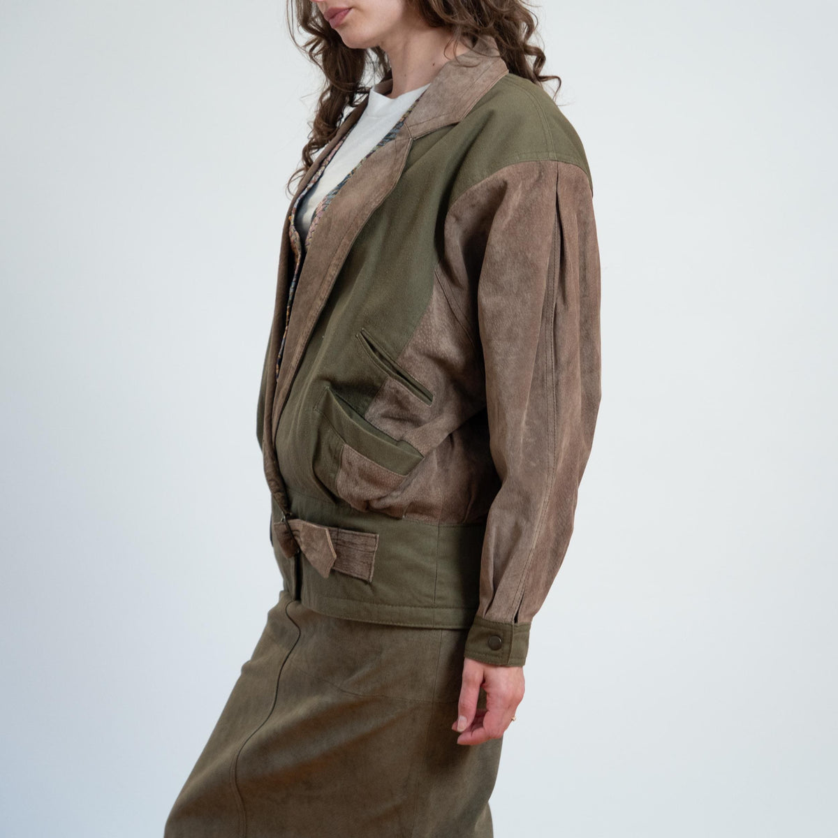 Vintage 80s New Wave Olive Suede Jacket & Skirt Set - Medium | Leather Matching Outfit