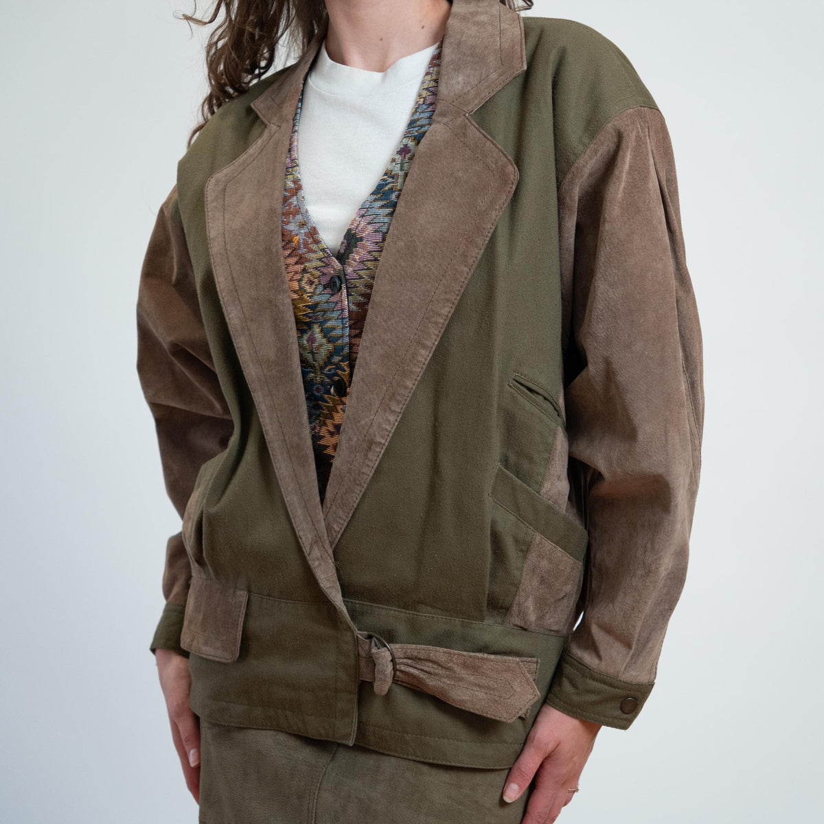 Vintage 80s New Wave Olive Suede Jacket & Skirt Set - Medium | Leather Matching Outfit
