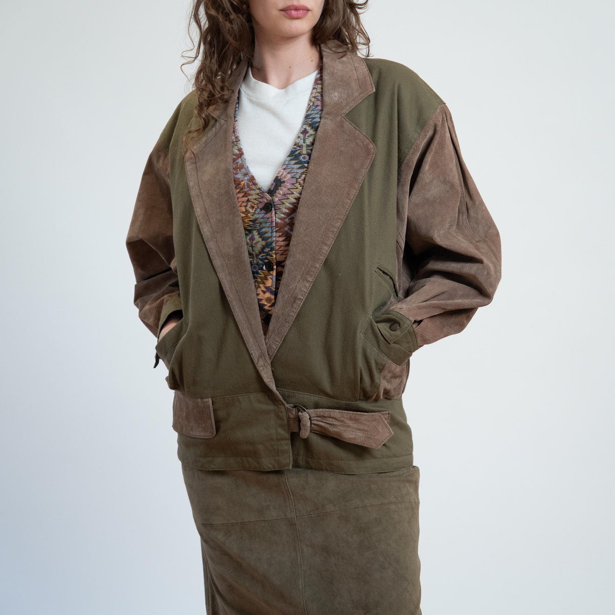 Vintage 80s New Wave Olive Suede Jacket & Skirt Set - Medium | Leather Matching Outfit