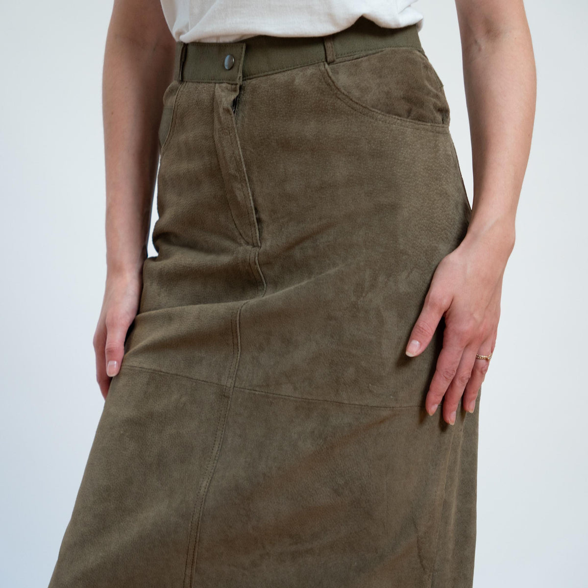 Vintage 80s New Wave Olive Suede Jacket & Skirt Set - Medium | Leather Matching Outfit