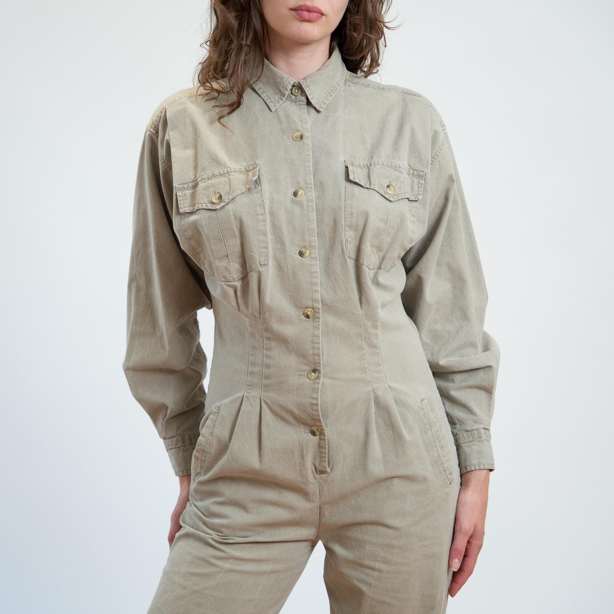 Vintage 80s Banana Republic Safari Jumpsuit - Large | Khaki Coverall Pantsuit