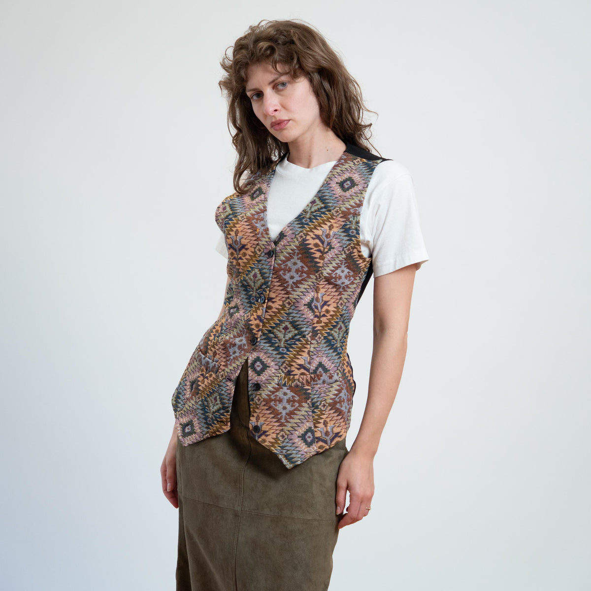 Vintage 80s Southwestern Geometric Tapestry Vest - Medium | Boho Sleeveless Button Up Waistcoat Top