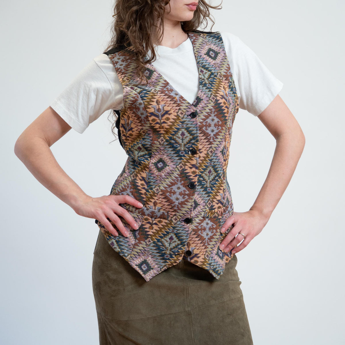 Vintage 80s Southwestern Geometric Tapestry Vest - Medium | Boho Sleeveless Button Up Waistcoat Top