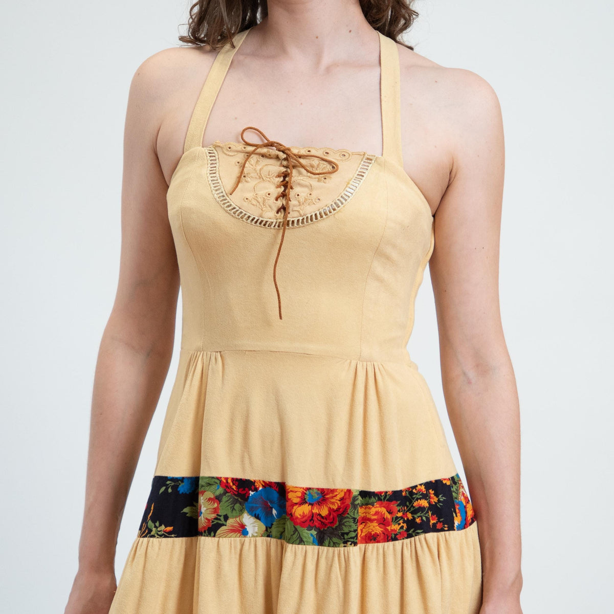 Vintage 70s Young Edwardian Butter Yellow Prairie Dress - Extra Small | Boho Floral Tiered Cross Back Midi Sundress