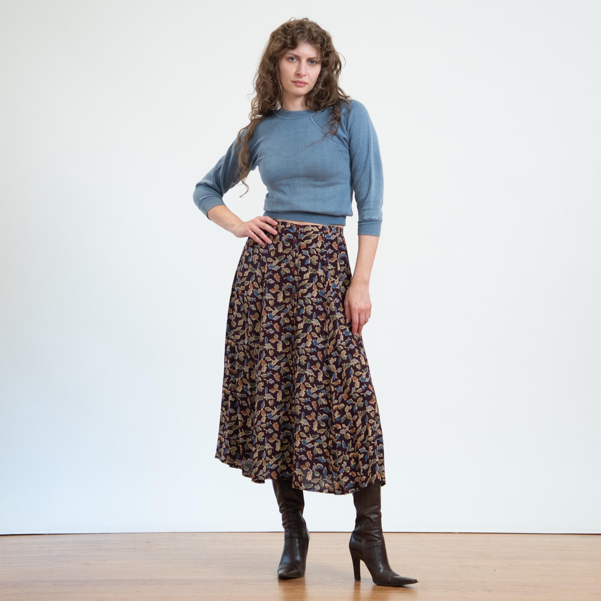 Vintage 90s Autumn Leaves Midi Skirt - Small, 27" Waist | Boho Button Front Rayon Skirt