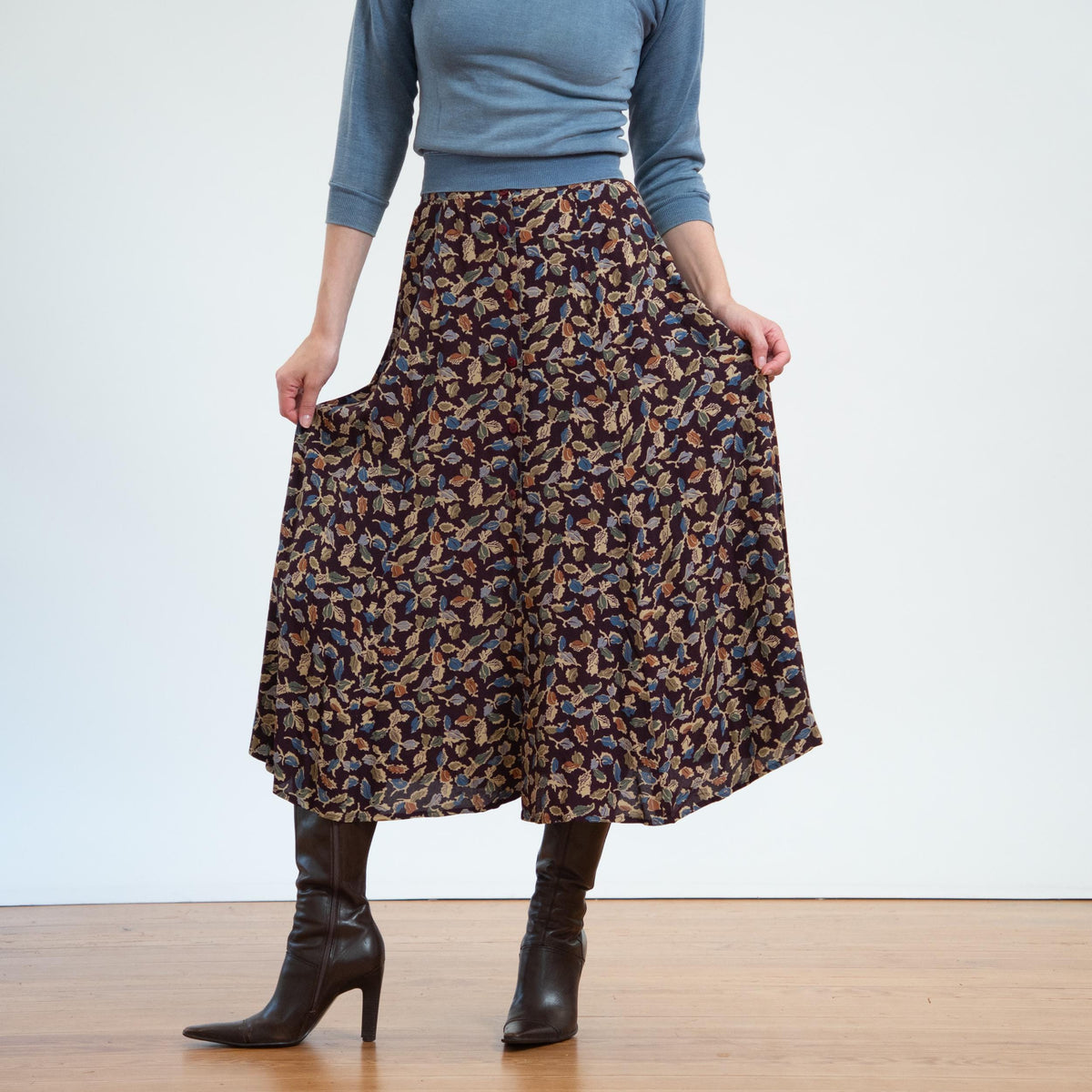 Vintage 90s Autumn Leaves Midi Skirt - Small, 27" Waist | Boho Button Front Rayon Skirt